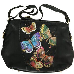 Anuschka Handpainted Leather Large Shoulder Bag Metallic Butterflies Black